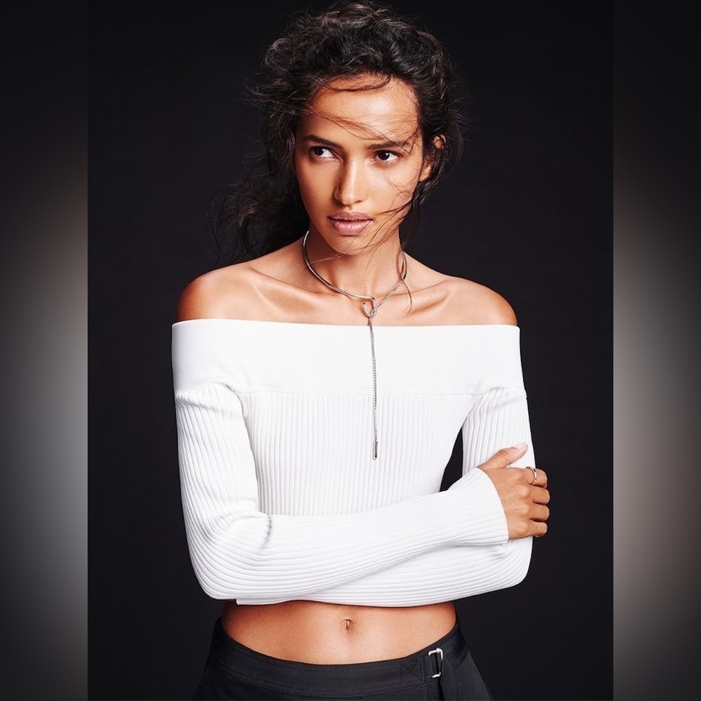 New C/MEO Life Is Real stretch thick knit ribbed crop top sweater off shoulder